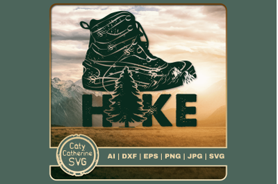 Hike Graphic with Hiking Boot Mountains Pine Tree Hiker SVG Cut File