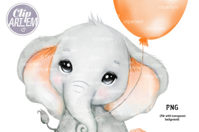 Cute Unisex Elephant with Orange Balloon and Ears Watercolor PNG