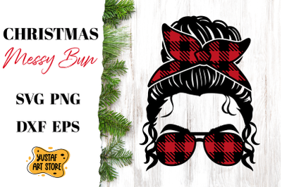 Christmas Messy Bun SVG buffalo plaid design