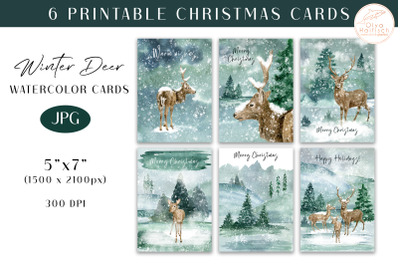 Watercolor Printable Christmas Cards. Winter Woodland Deer Illustratio