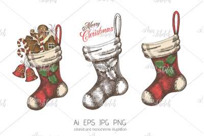 Vector hand drawn set of Christmas Socks.