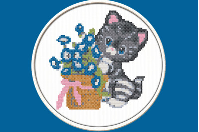 Kitten and Forget-me-not - PDF Downloadable Printable Cross Stitch Pat