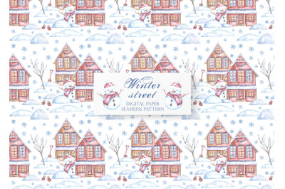 Winter city watercolor seamless pattern. Christmas, New Year. Snowman.
