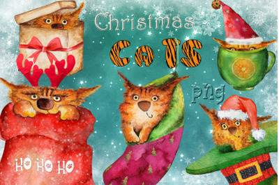 Christmas cats watercolor illustration png