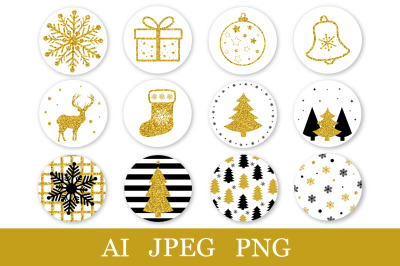 Christmas Sticker black and gold glitter. Stickers Printable