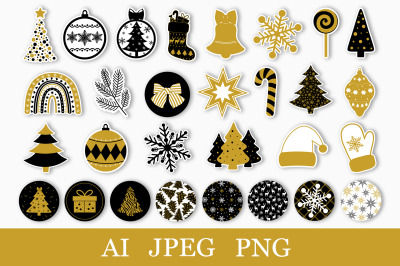 Christmas Sticker black and gold. Stickers Printable PNG