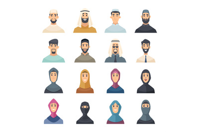 Arabic faces. Avatars muslim characters portraits of arabic male and f