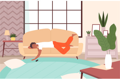 People lying on sofa. Lazy person relax in living room sleeping and wa