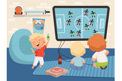 Boy gamers. Little men playing video games. Cute cartoon happy baby wi