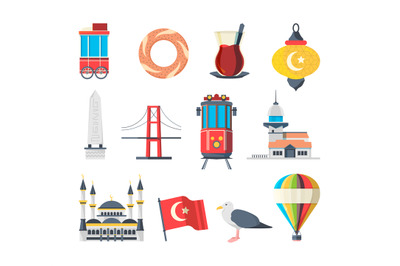 Turkey landmarks. Travellers set of istanbul cultural objects and musl