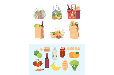 Grocery bags. Shopping basket market bagged food milk vegetables meat