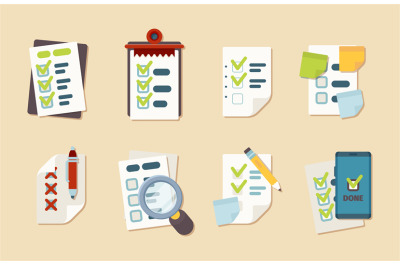 Checklist icons. Notepad schedule customer marks research clipboard ve