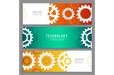 Cogwheels banners. Abstract background with gears machinery industry p