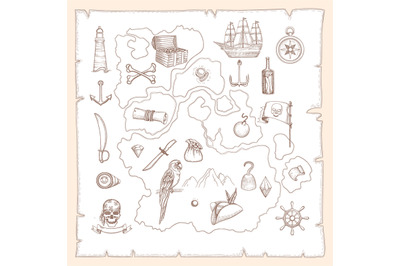 Pirate symbols. Ancient old map of treasures medieval sea ships and we