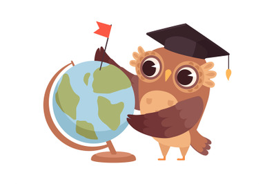 Clever owl. Cartoon wild bird with globe and university hat. Geography