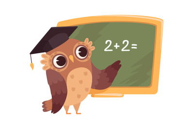 Teacher at blackboard. Isolated cartoon clever owl in university cap t