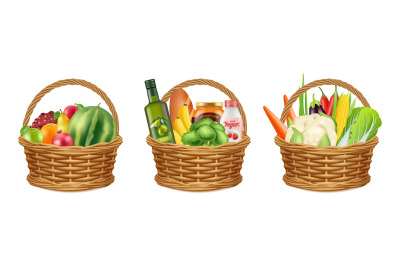 Food basket. Realistic fruits vegetables oil bottle. Bread milk veggie