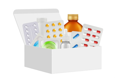 Medications kit. First aid box&2C; realistic pills&2C; bottles condoms. Isol