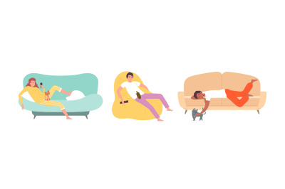 People with pets. Woman on sofa with kitten, boy on chair with turtle.