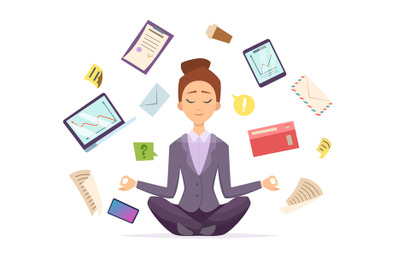 Yoga business. Female character sitting in lotus meditation pose and r