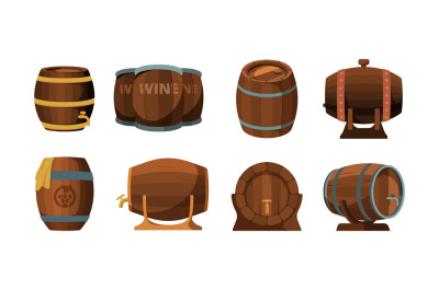 Wooden barrels. Beer or wine alcohol traditional barrels vector illust