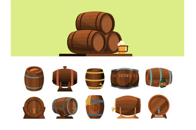 Barrels. Wooden cartoon barrel for alcohol production packages for win