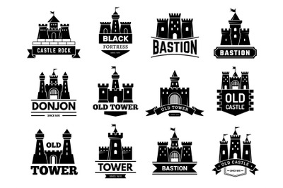 Ancient castles logo. Medieval fortress with towers vector badges or l