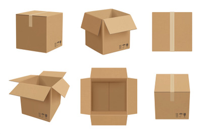 Box mockup. Open and closed cardboard package vector realistic templat