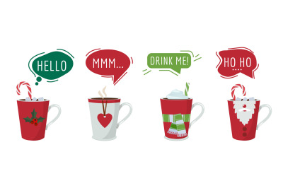 Christmas drinks. Hot winter cocoa chocolate with speech bubbles, fest