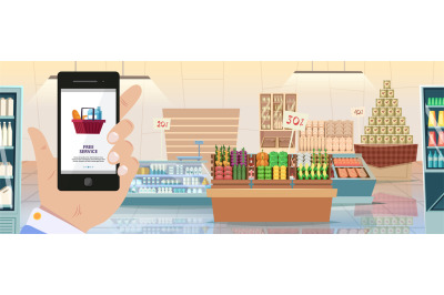 Grocery store mobile app. Food delivery, hand holding smartphone. Onli