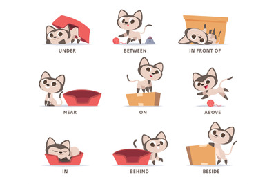 Learning english prepositions. Preschool grammar cute kitty playing wi