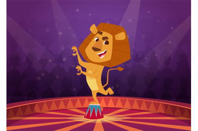 Lion in circus. Wild angry lion acrobat jumping in fire circle circus