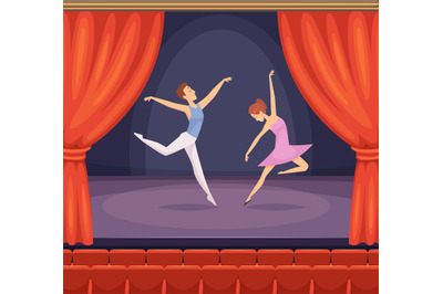 Ballet stage. Dancer male and female dancing on stage vector beautiful