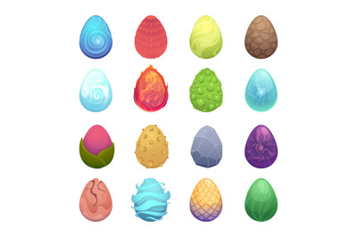 Colored eggs. Vector cartoon fairytale dragon magic eggs for game proj