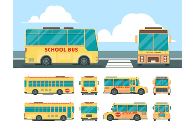 Yellow bus. School daily transport for kid bus in different point view