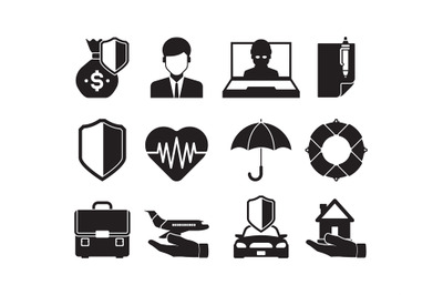 Insurance silhouettes. Protective life property disaster home travel o