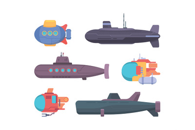 Submarines. Travel diving underwater boat explorer propeller ship vect