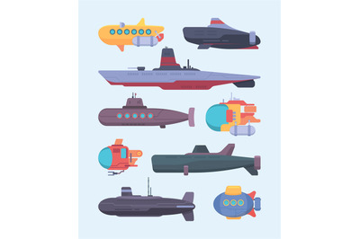 Underwater boat. Submarines diving ocean exploration vector cartoon il