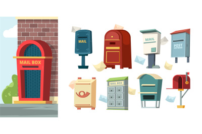 Postal containers. Mailboxes with letters envelope vector pictures