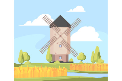 Rural landscape windmill. Farm background with growing wheat field and