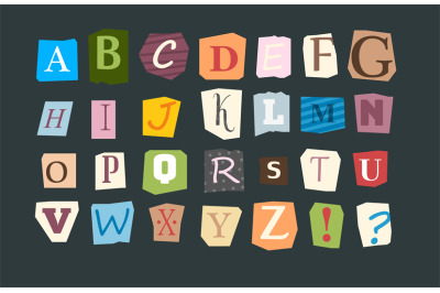 Collage alphabet. Sliced letters various funny style font for flyer or