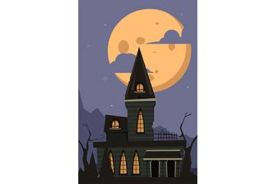 Halloween background. Scary horror castle moonlight night landscape in