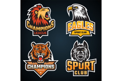 Sport animal. Team logo or emblem with wild animals grizzly bear wolf