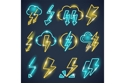 Neon lightning. Powerful thunder symbols glow lightning collection vec