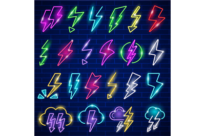 Glow neon lightning. Led panel flashes thunder lightning vector icon