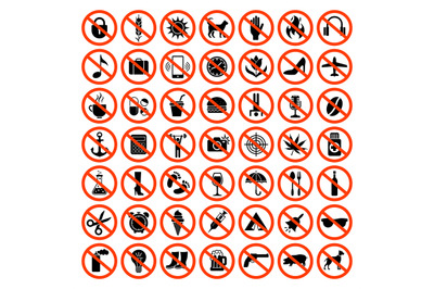 Forbidden icons. Prohibiting red symbols no motorcycle animals guns so