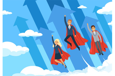 Business hero background. Flying managers power of superhero good team