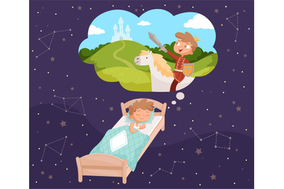 Baby dreams. Sleeping children dreaming clouds vector cartoon illustra