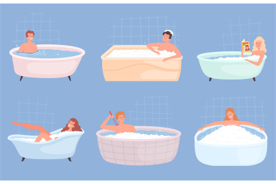 People bathing. Happy persons male and female washing body and relaxin