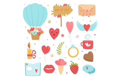 Love concept icons. Romance symbols marriage flowers hearts envelope c